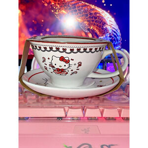 Hello Kitty Christmas Tea Cup Holiday Saucer Mug Set 12oz Candy Cane 2023 Sanrio
